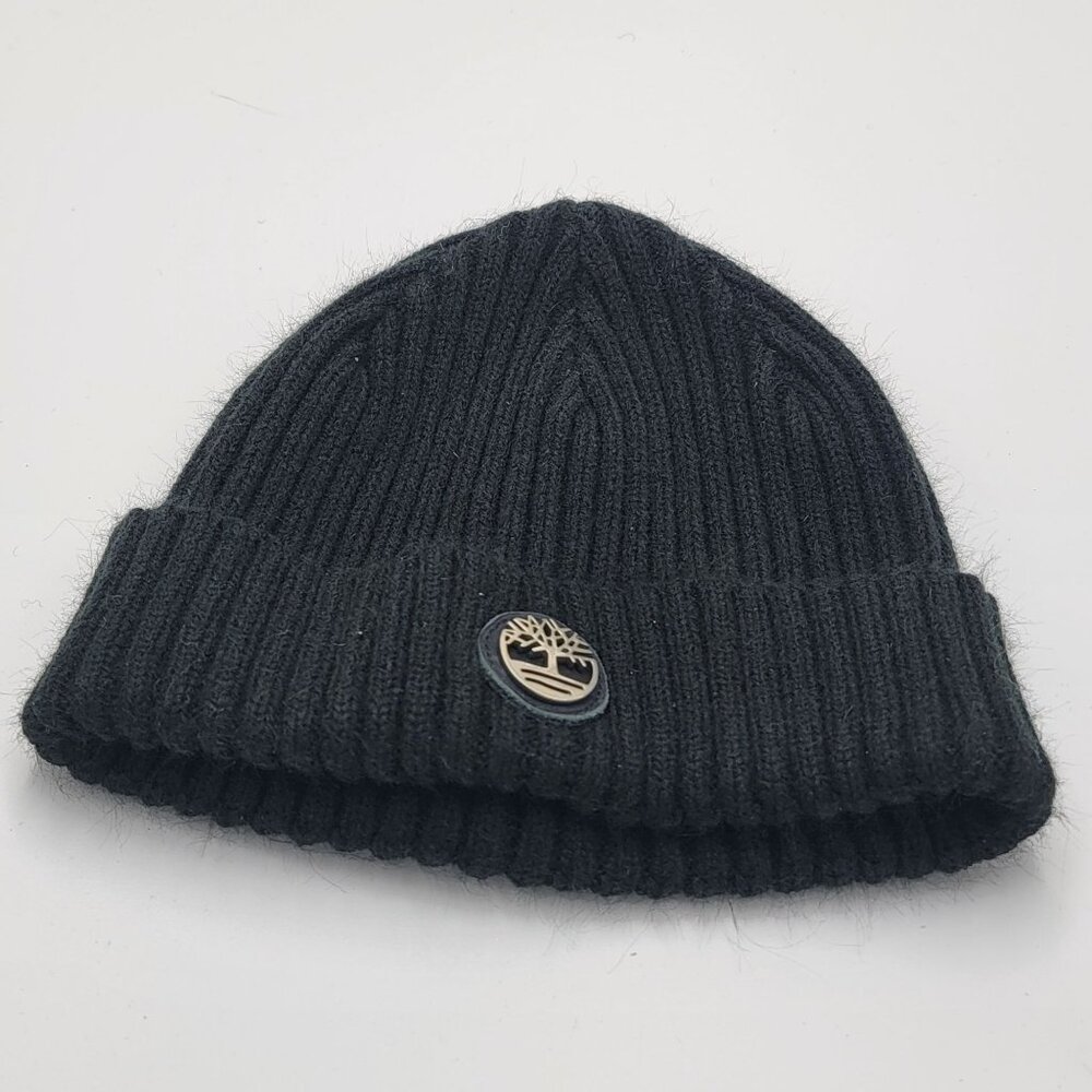 Timberland Black Ribbed Knit Beanie With Logo Patch For Adults